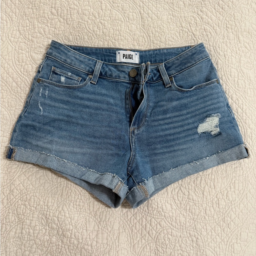 PAIGE Blue Jean Shorts with Distressed Rolled Hems